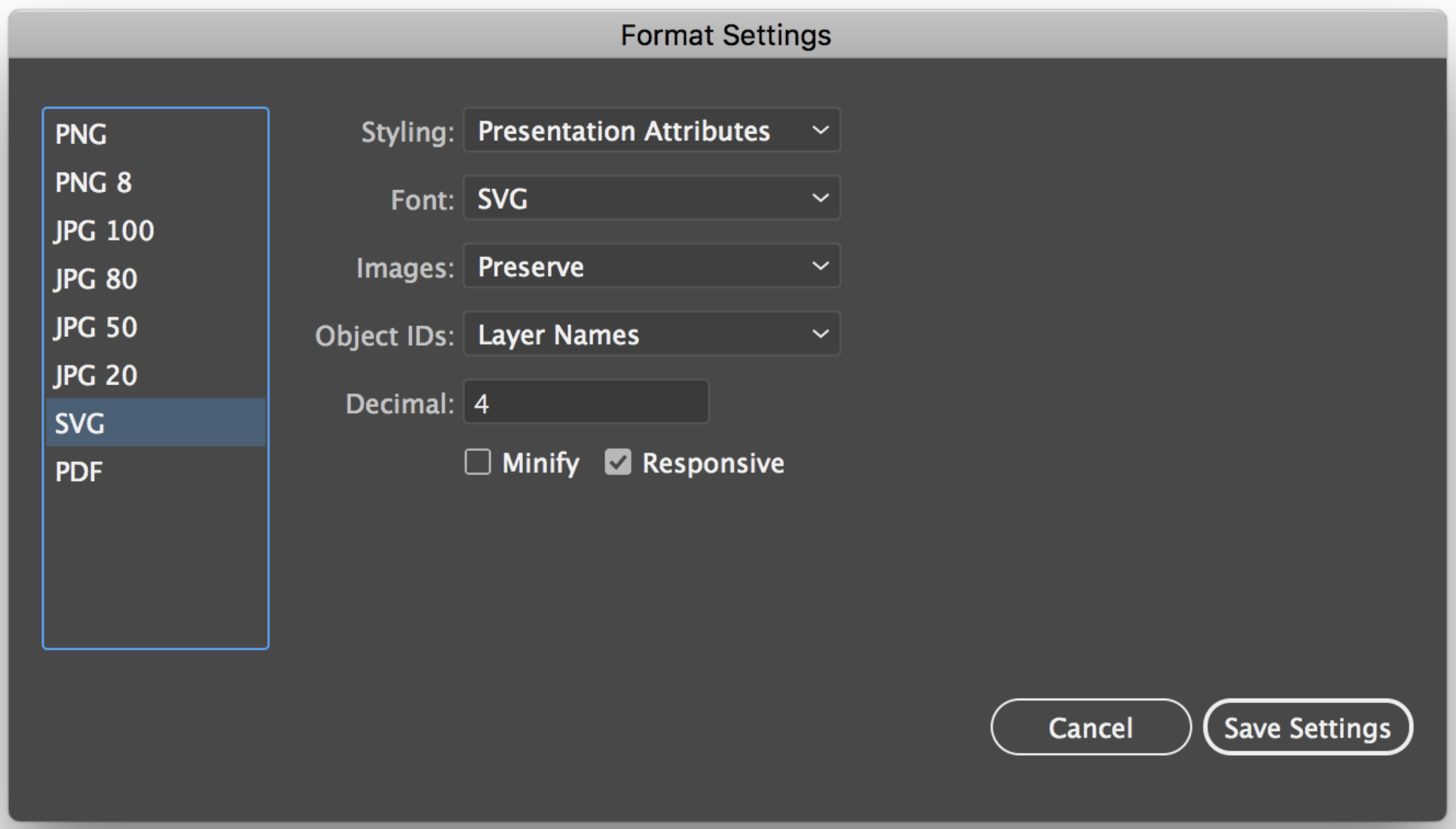 Screenshot from Adobe Illustrator with the correct export settings